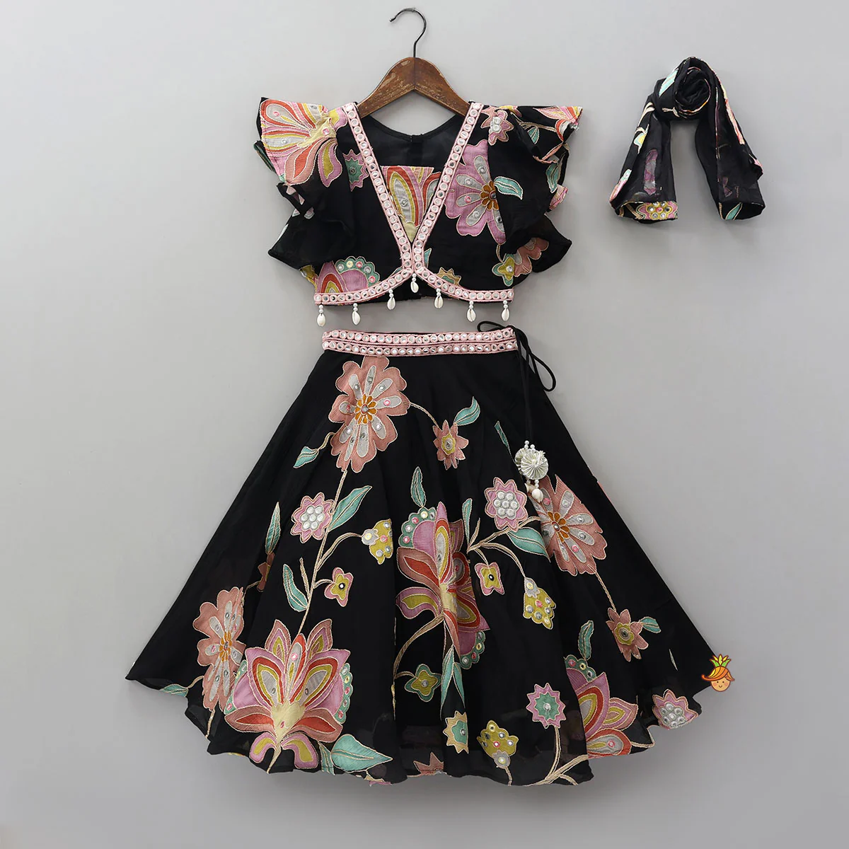 Floral Printed And Embroidered Top With Matching Lehenga And Organza Dupatta