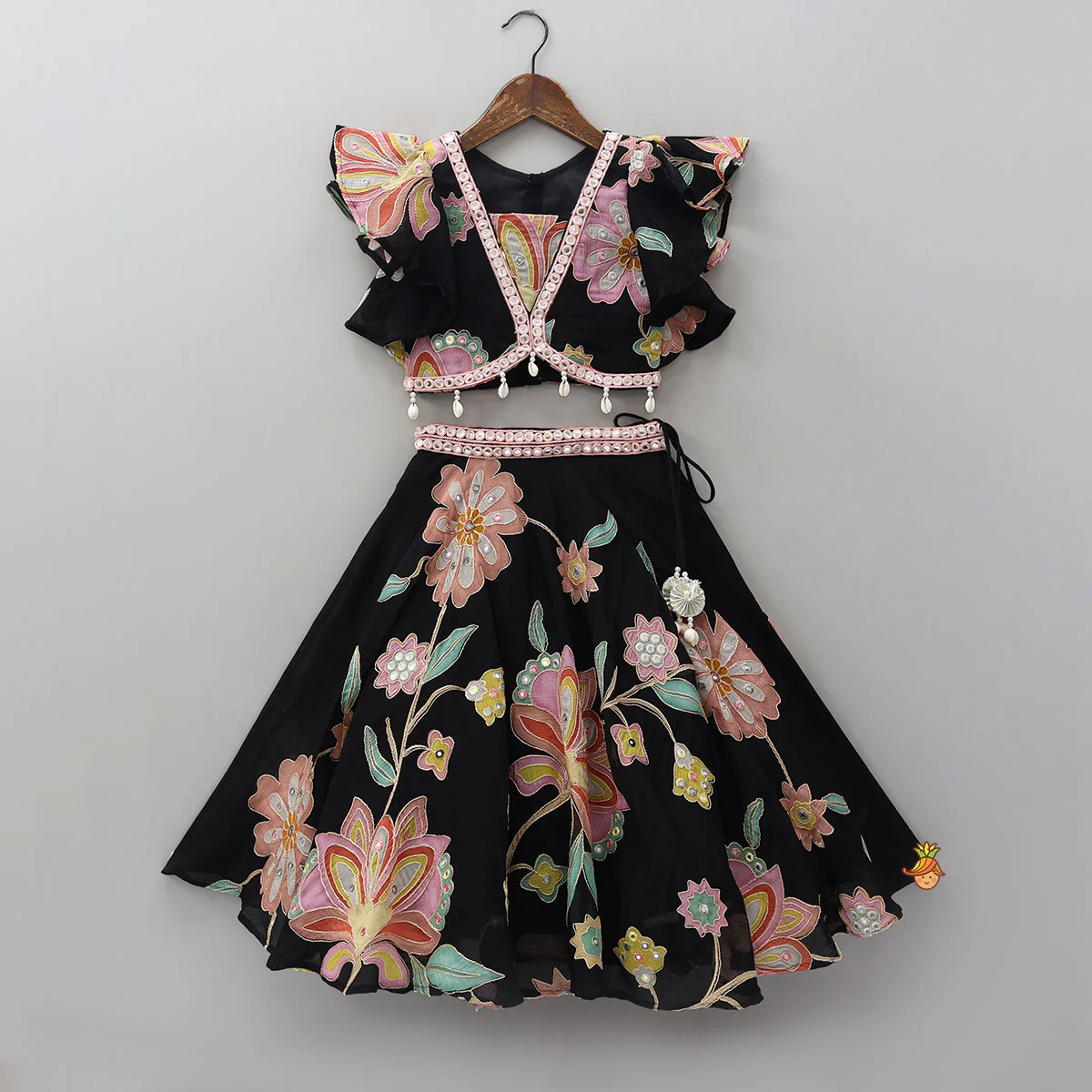 Floral Printed And Embroidered Top With Matching Lehenga And Organza Dupatta - Image 3