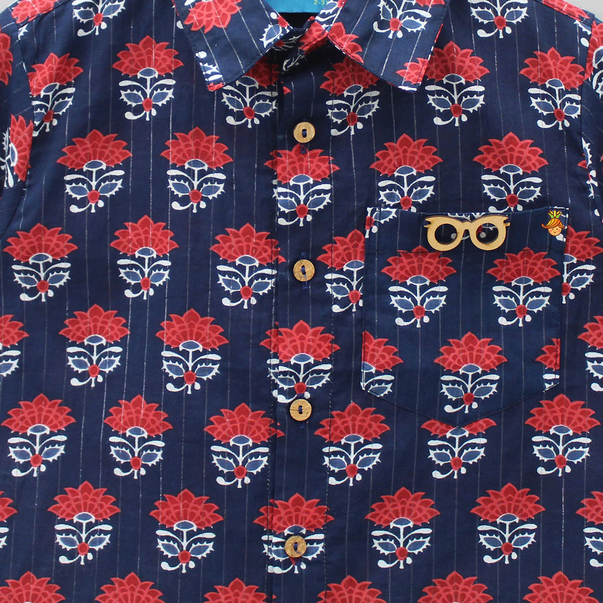 Floral Printed And Lurex Striped Navy Blue Shirt - Image 3