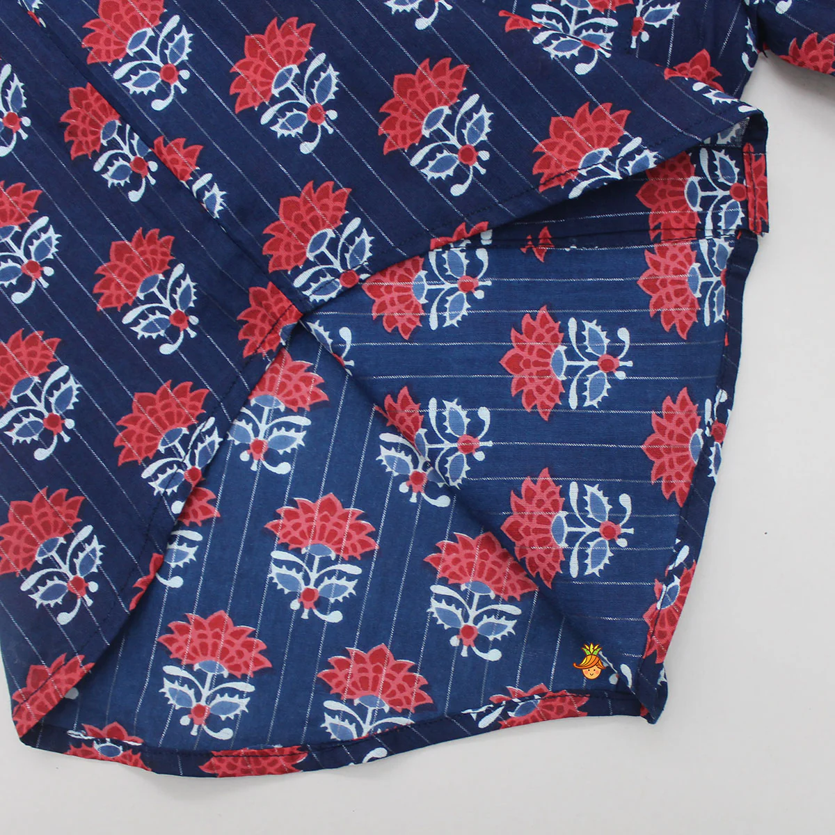 Floral Printed And Lurex Striped Navy Blue Shirt - Image 4