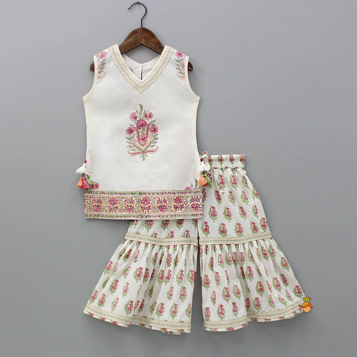 Floral Printed Bead Work Kurti With Sharara And Chevron Printed Dupatta - Image 3