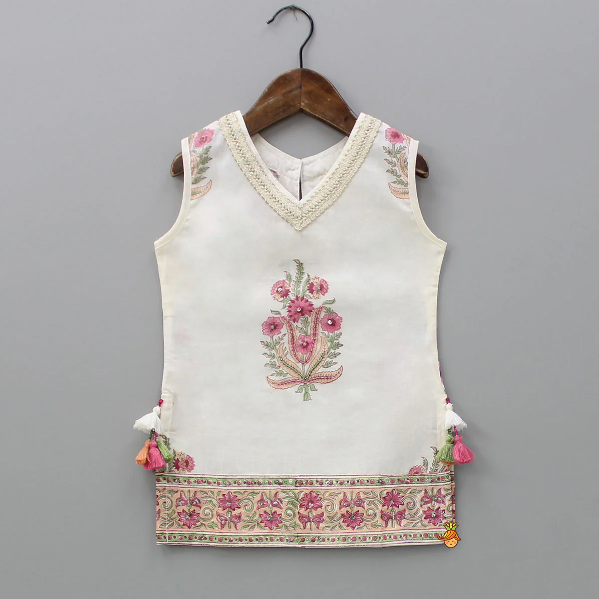 Floral Printed Bead Work Kurti With Sharara And Chevron Printed Dupatta - Image 4