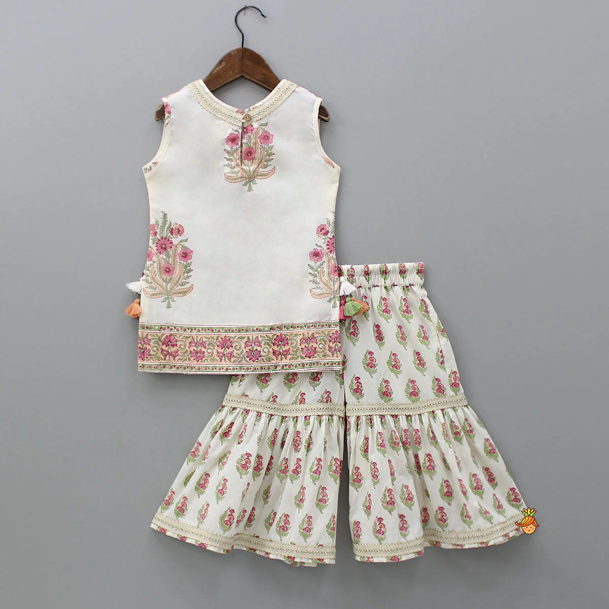 Floral Printed Bead Work Kurti With Sharara And Chevron Printed Dupatta - Image 2