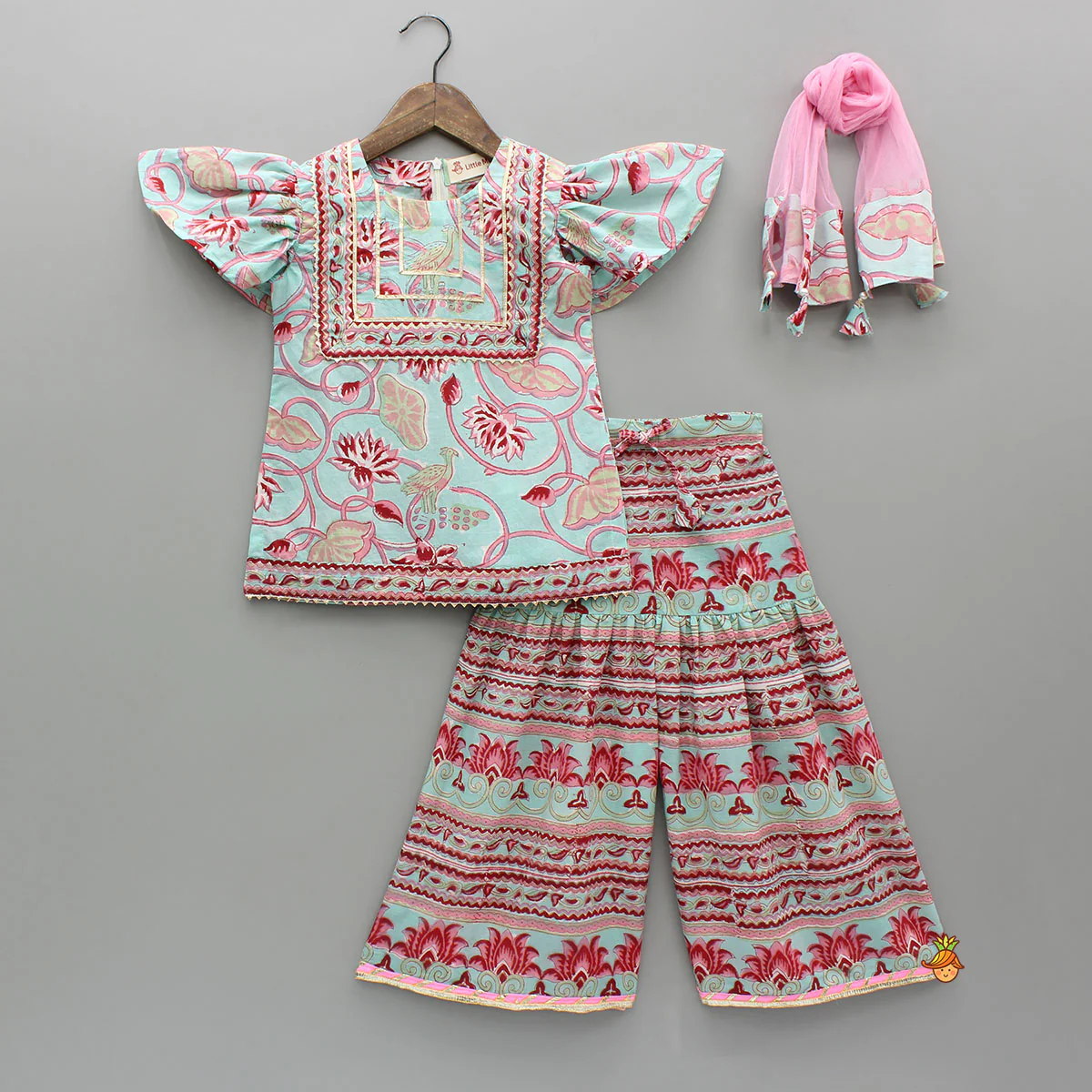 Floral Printed Cotton Kurti With Matching Sharara And Dupatta