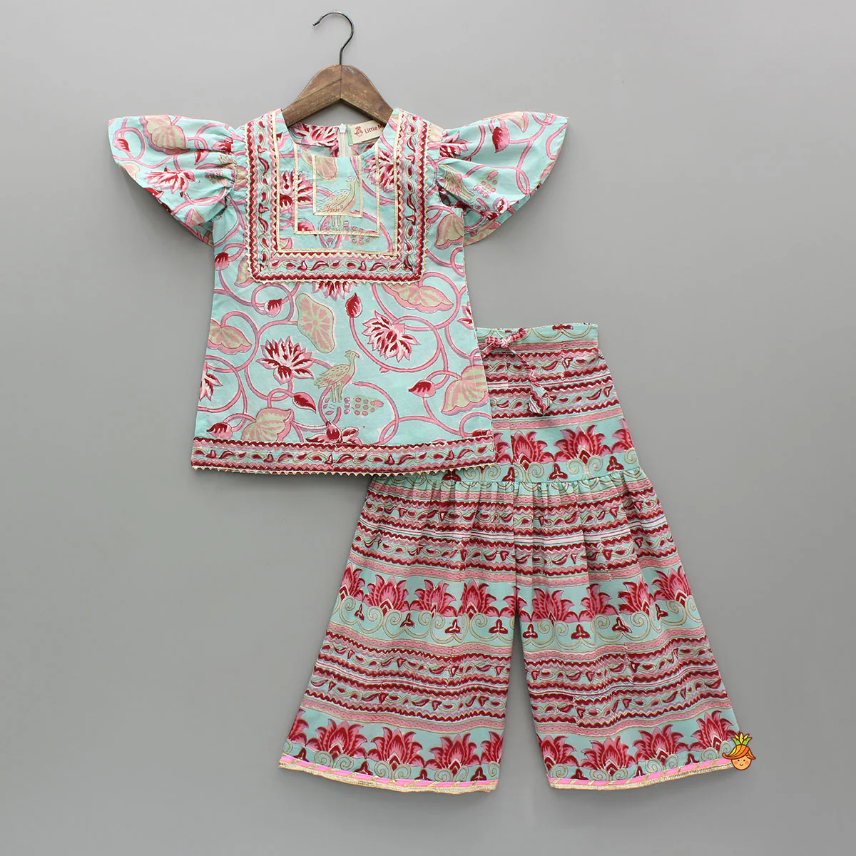Floral Printed Cotton Kurti With Matching Sharara And Dupatta - Image 3