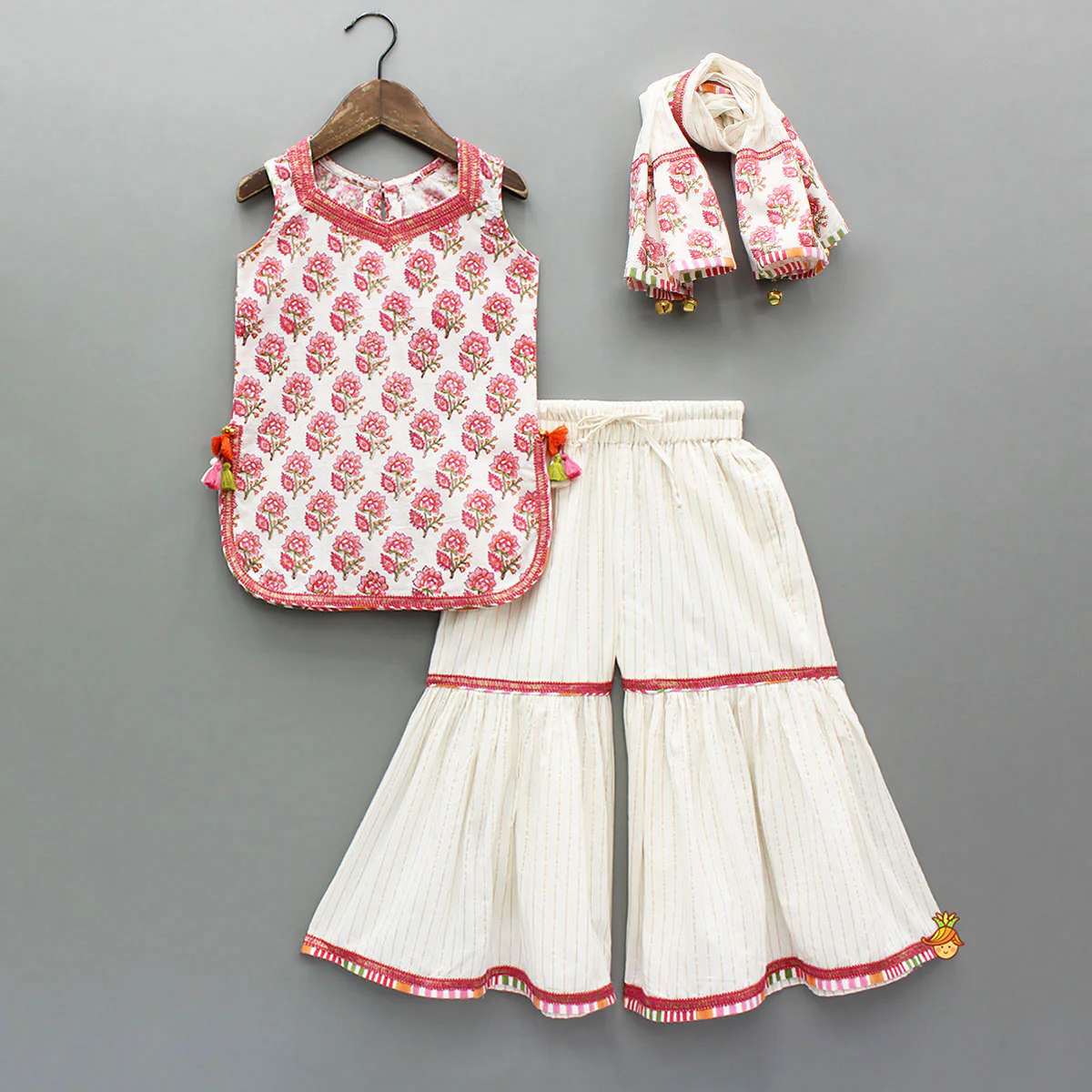 Floral Printed Cotton Kurti With Sharara And Dupatta