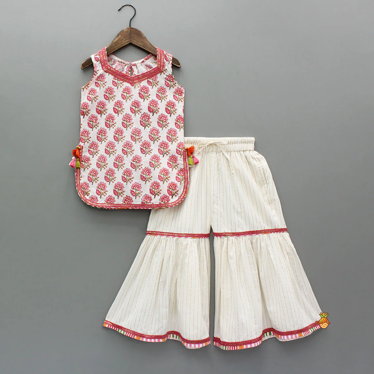 Floral Printed Cotton Kurti With Sharara And Dupatta - Image 3
