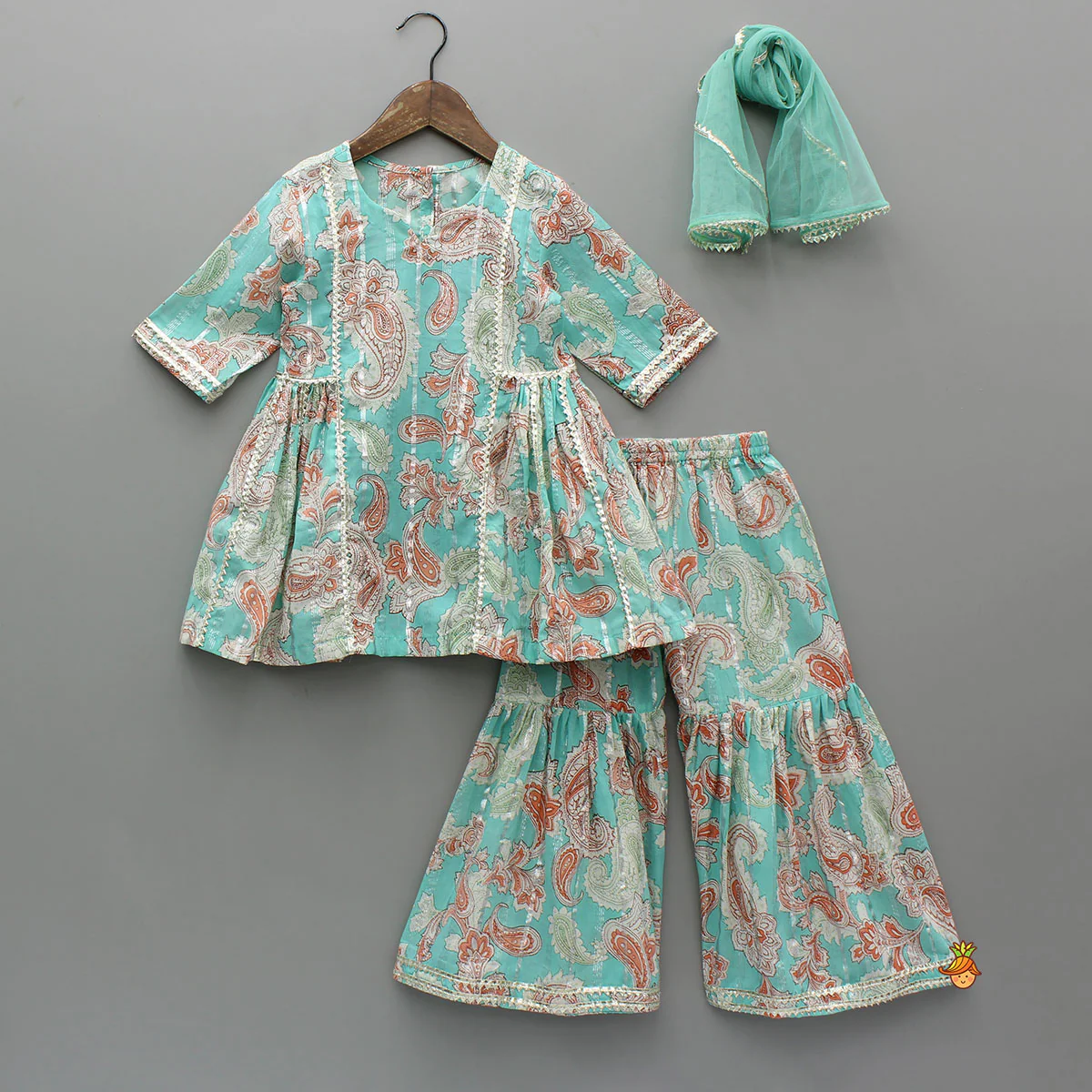 Floral Printed Cotton Lace Detailed Blue Kurti With Sharara And Dupatta