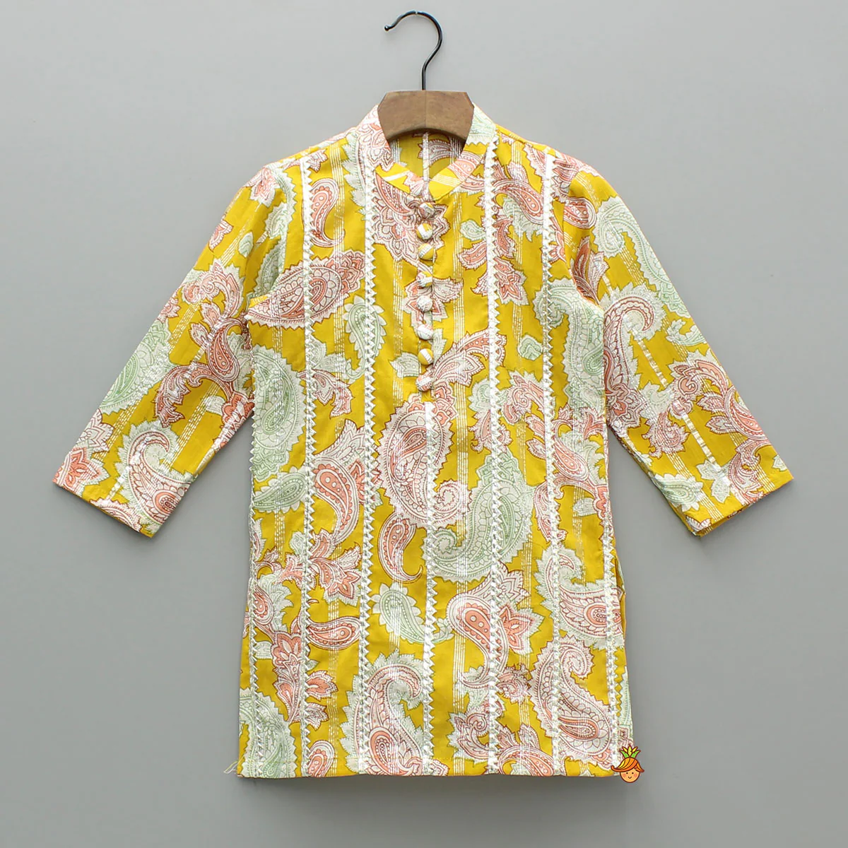 Floral Printed Cotton Lace Detailed Yellow Kurta With Pyjama - Image 3
