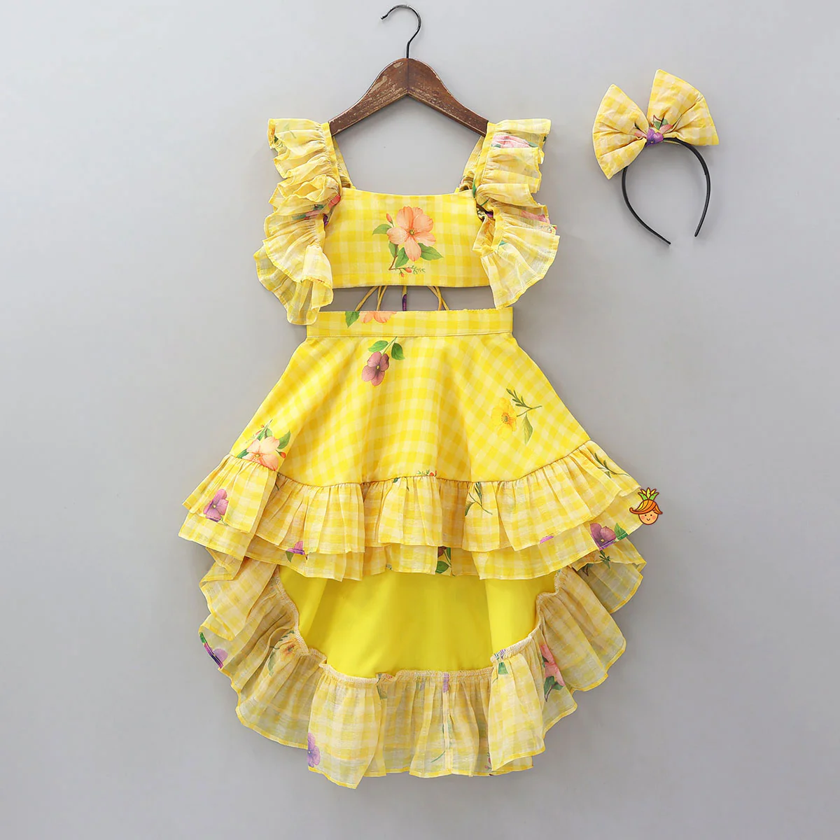 Floral Printed Criss Cross Knot Detail Crop Top And High Low Skirt With Hairband