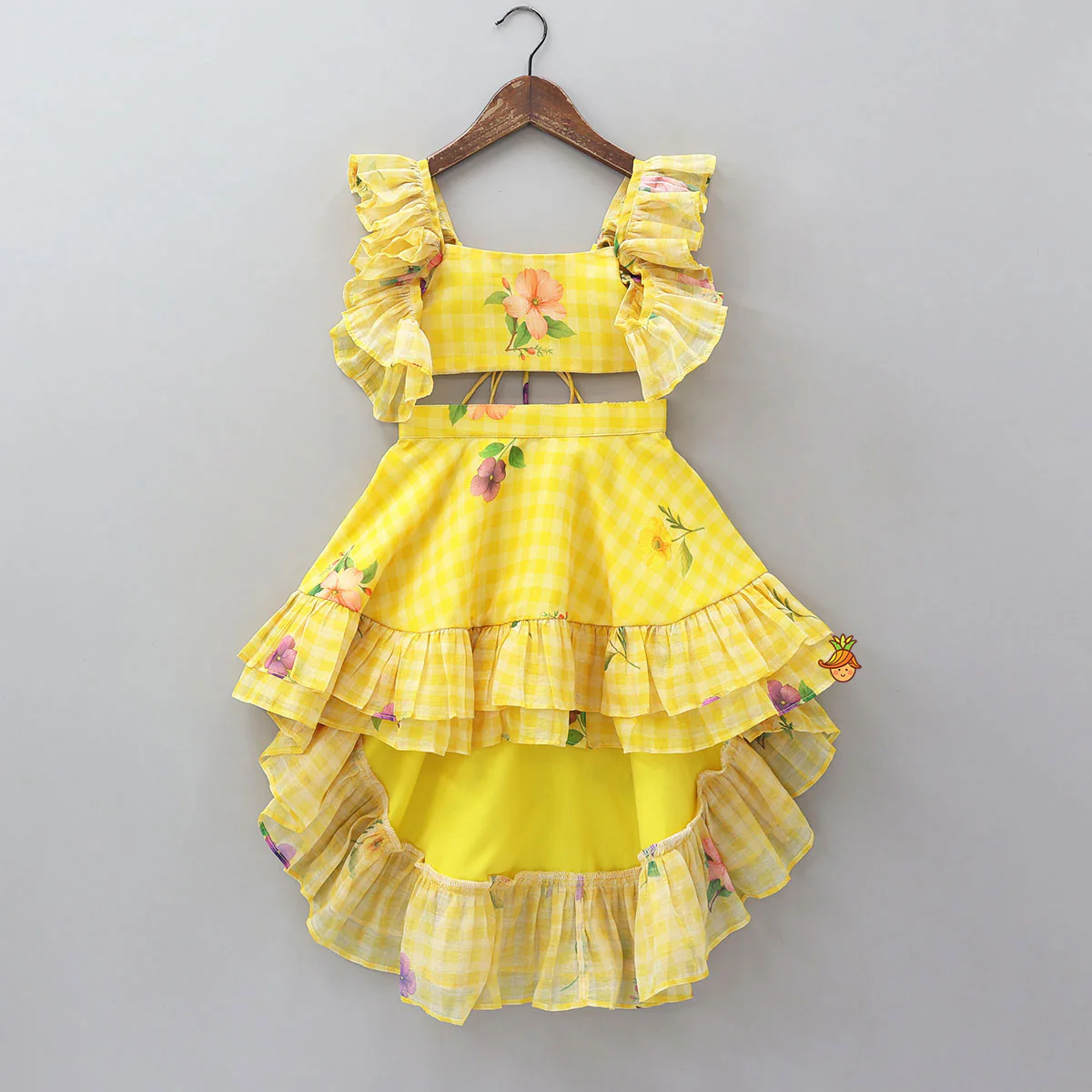 Floral Printed Criss Cross Knot Detail Crop Top And High Low Skirt With Hairband - Image 3