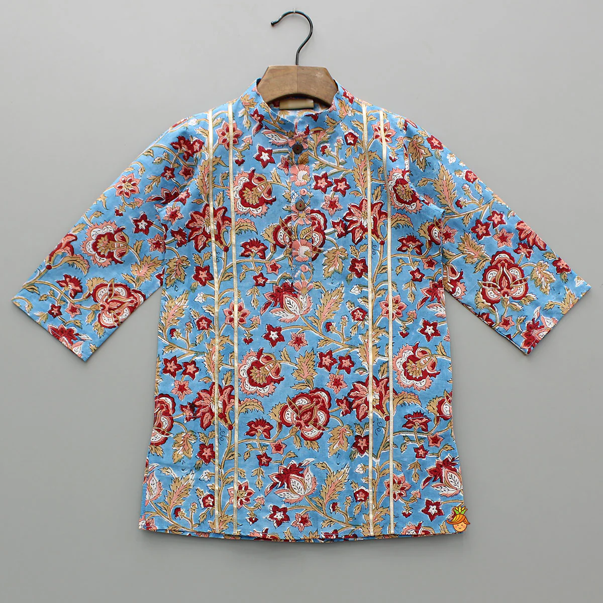 Floral Printed Hand Block Gota Lace Detailed Blue Kurta With Pyjama - Image 3