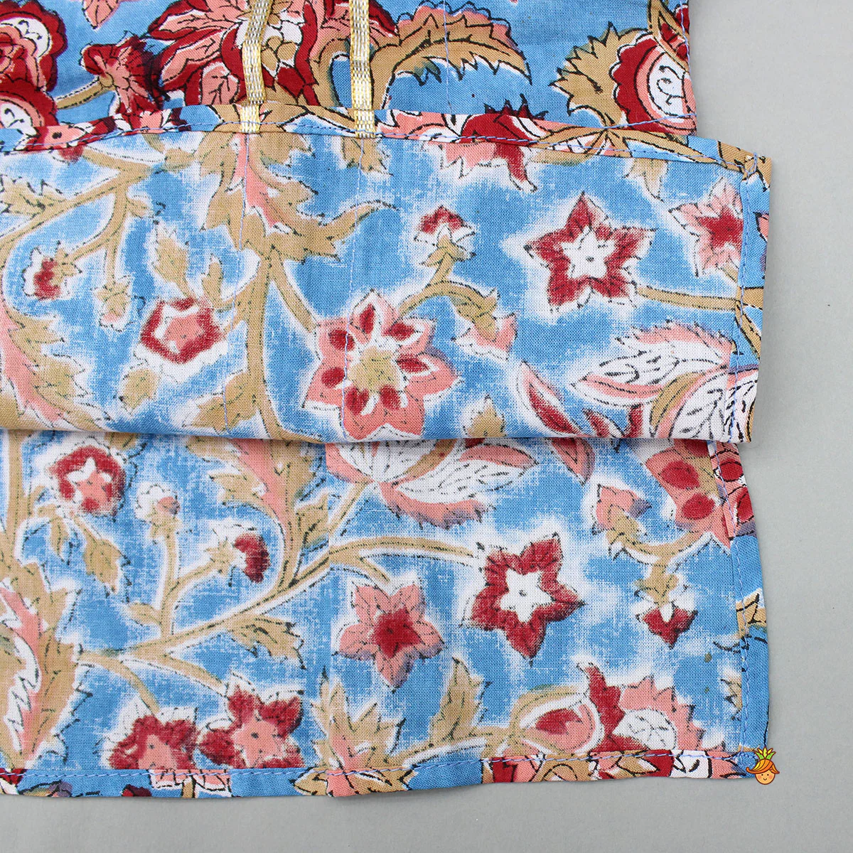 Floral Printed Hand Block Gota Lace Detailed Blue Kurta With Pyjama - Image 5