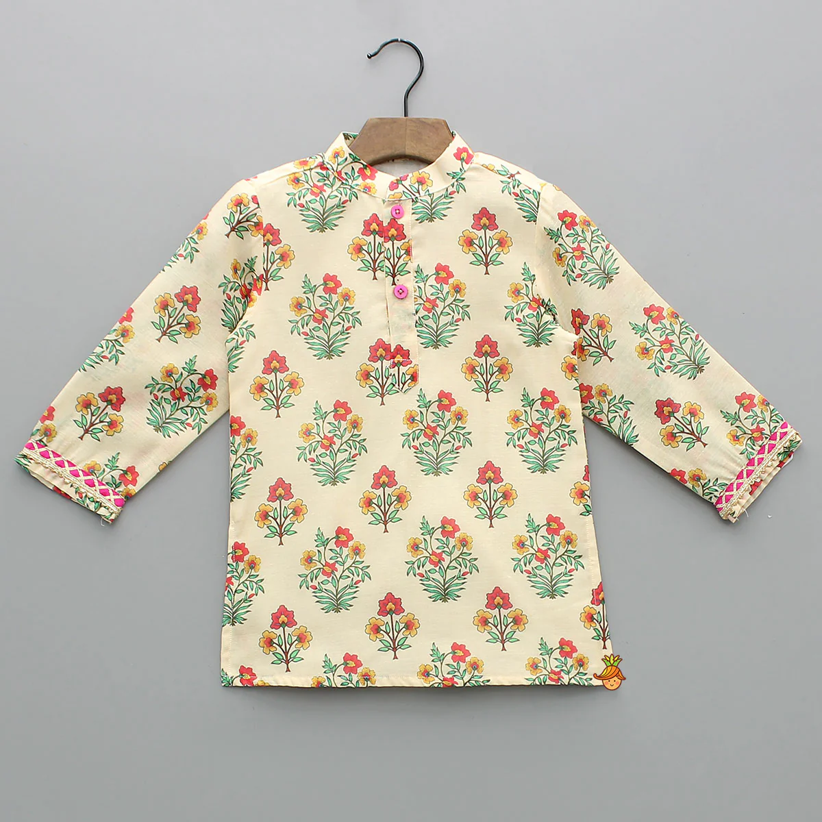 Floral Printed Kurta With Front Open Jacket And Pyjama - Image 4