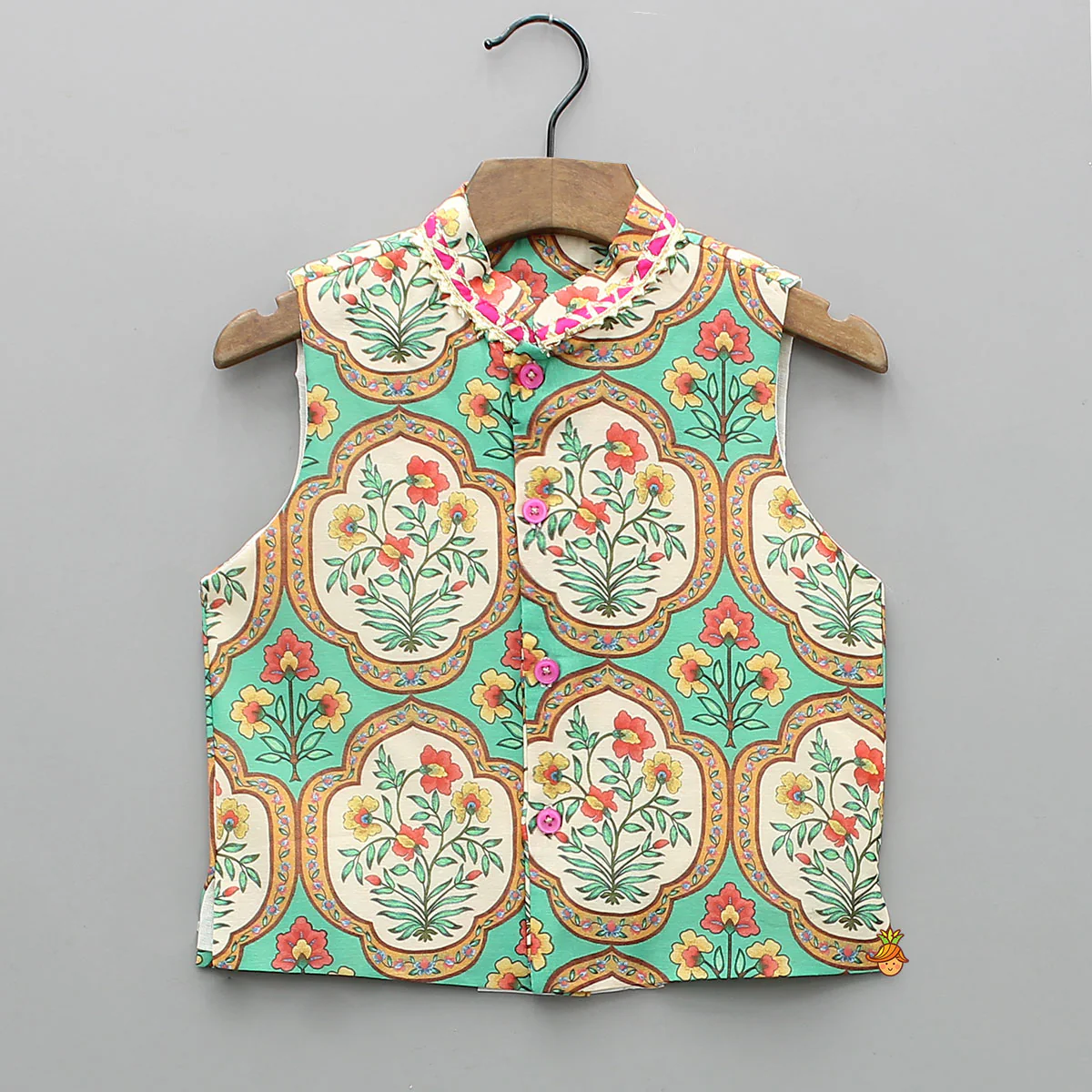 Floral Printed Kurta With Front Open Jacket And Pyjama - Image 6