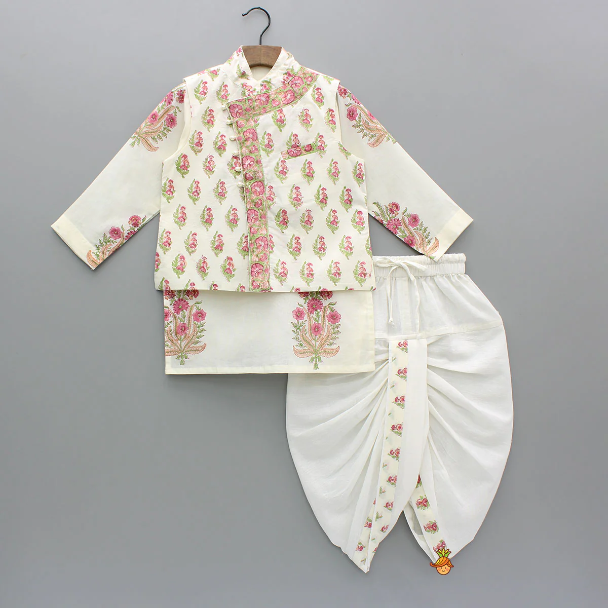 Floral Printed Kurta With Handworked Jacket And Dhoti.