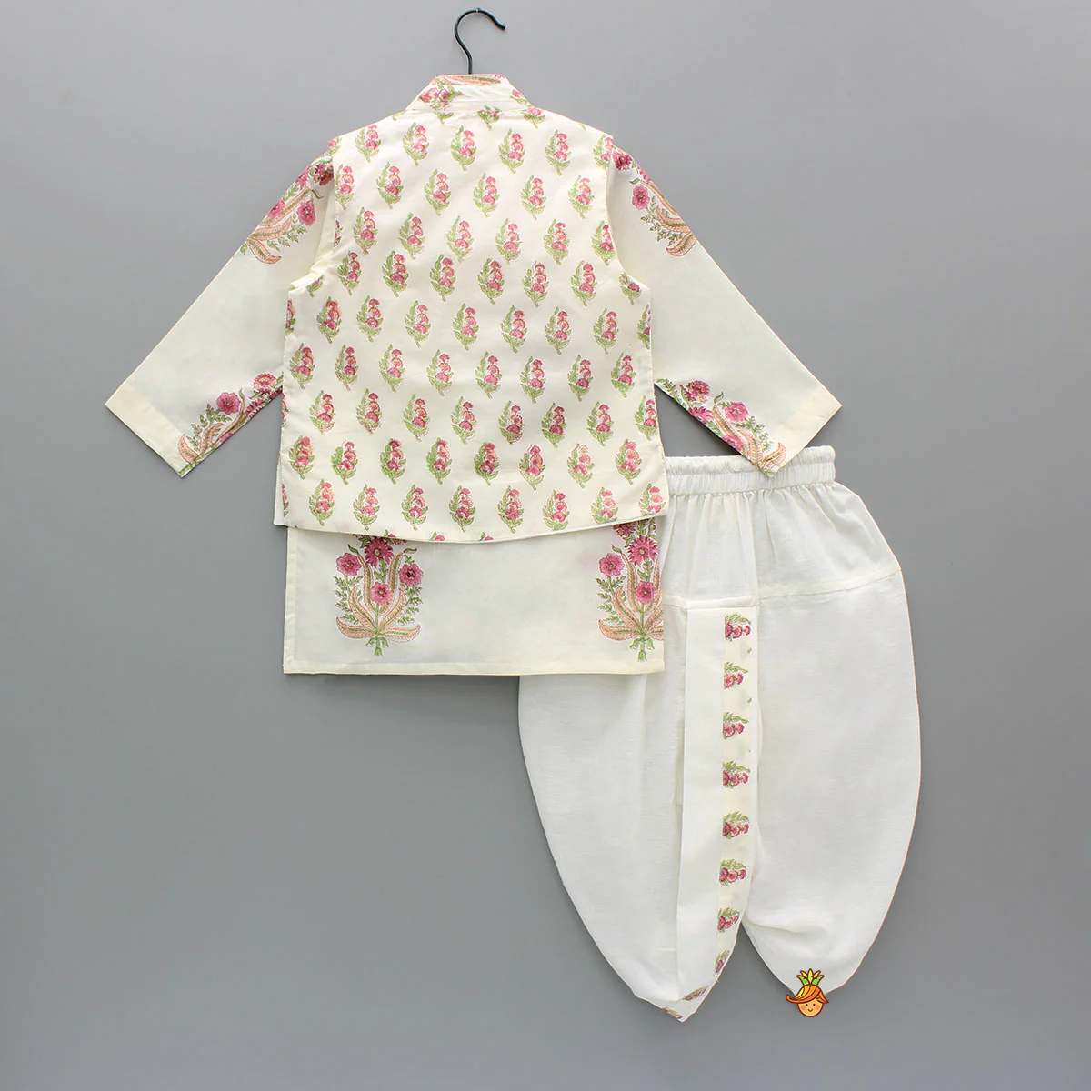 Floral Printed Kurta With Handworked Jacket And Dhoti. - Image 2