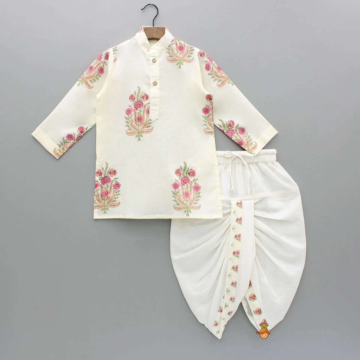 Floral Printed Kurta With Handworked Jacket And Dhoti. - Image 3