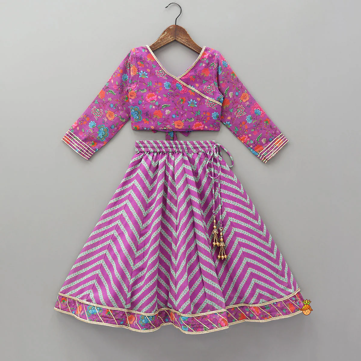 Floral Printed Lace Detailed Purple Top And Lehenga With Dupatta - Image 3