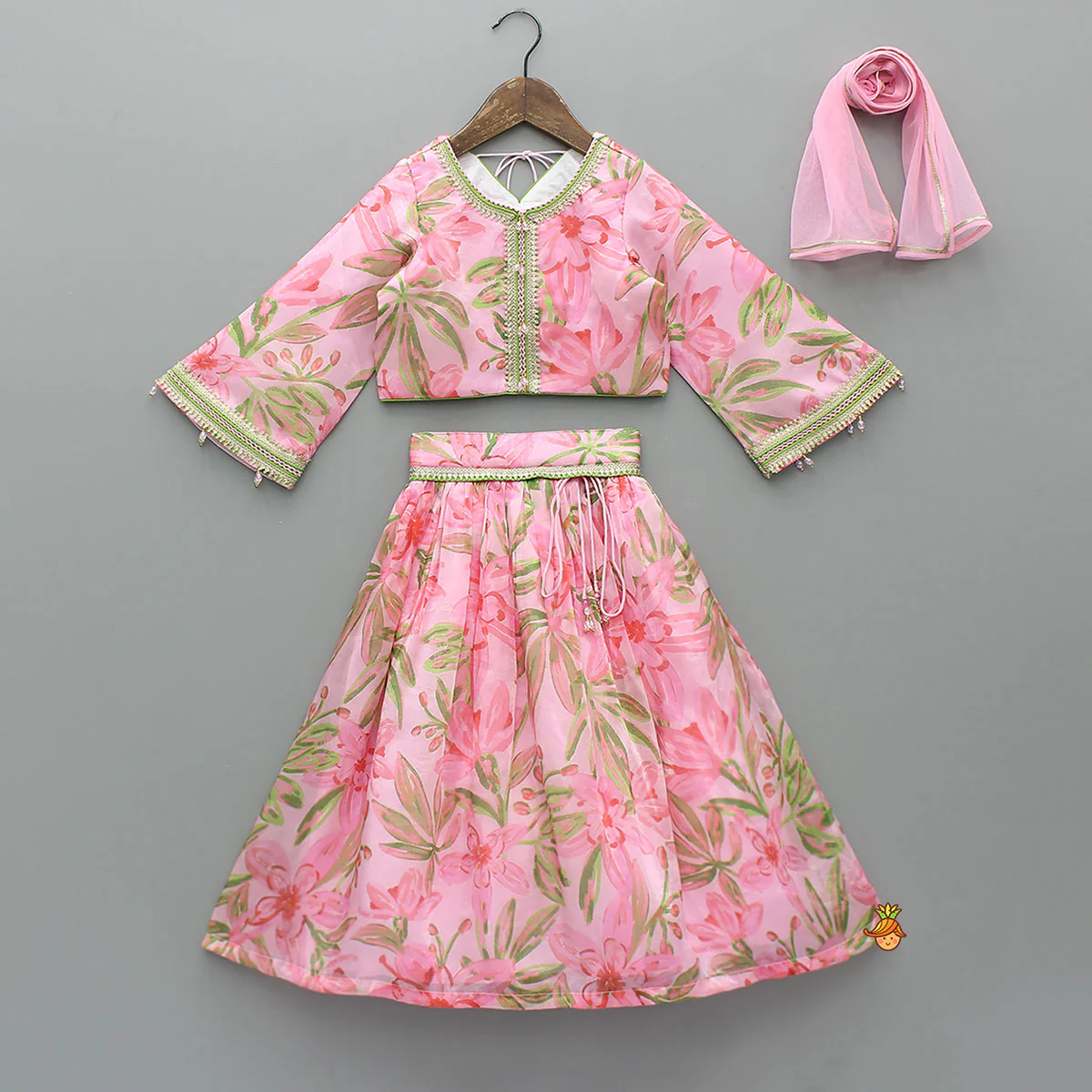 Floral Printed Lace Work Top With Matching Lehenga And Net Dupatta