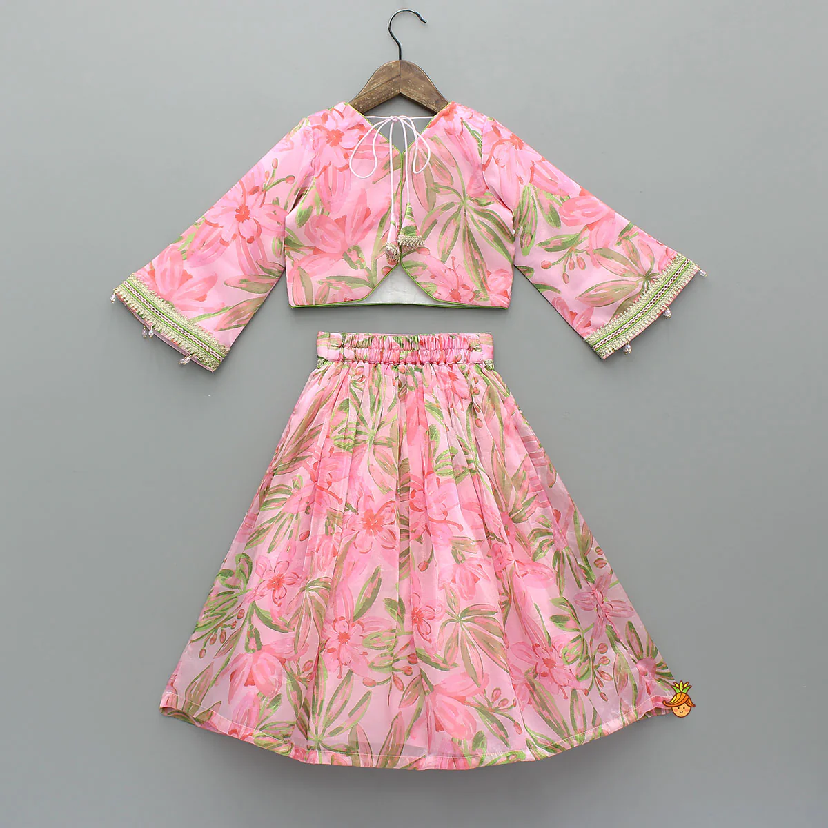 Floral Printed Lace Work Top With Matching Lehenga And Net Dupatta - Image 2