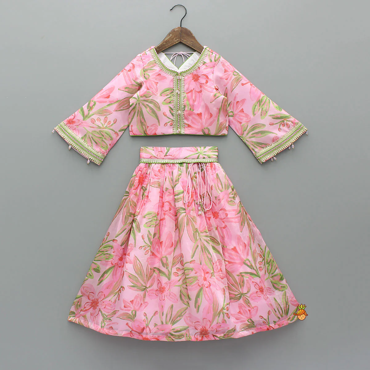 Floral Printed Lace Work Top With Matching Lehenga And Net Dupatta - Image 3