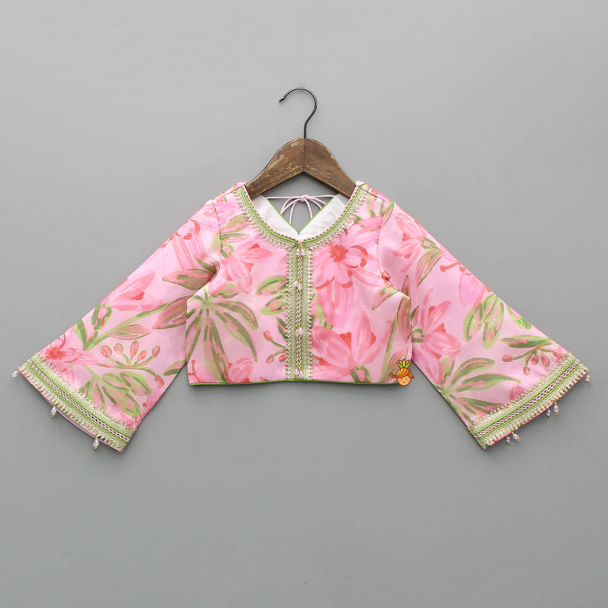 Floral Printed Lace Work Top With Matching Lehenga And Net Dupatta - Image 4