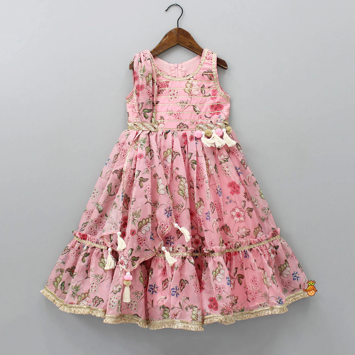 Floral Printed Peach Pink Pleated Anarkali With Attached Dupatta