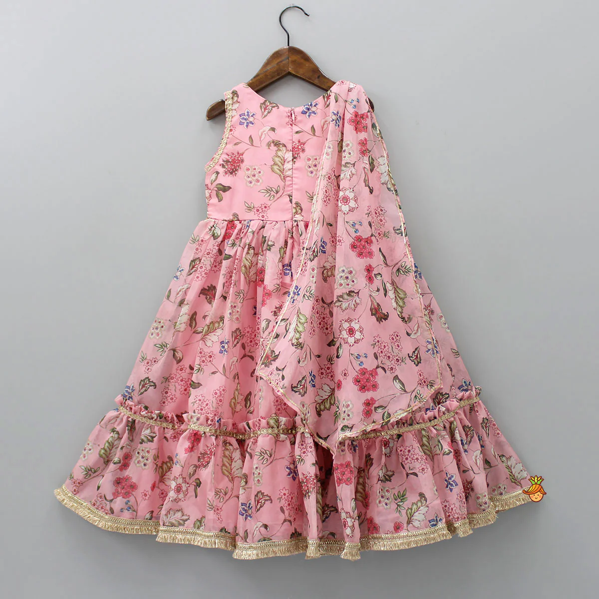 Floral Printed Peach Pink Pleated Anarkali With Attached Dupatta - Image 2
