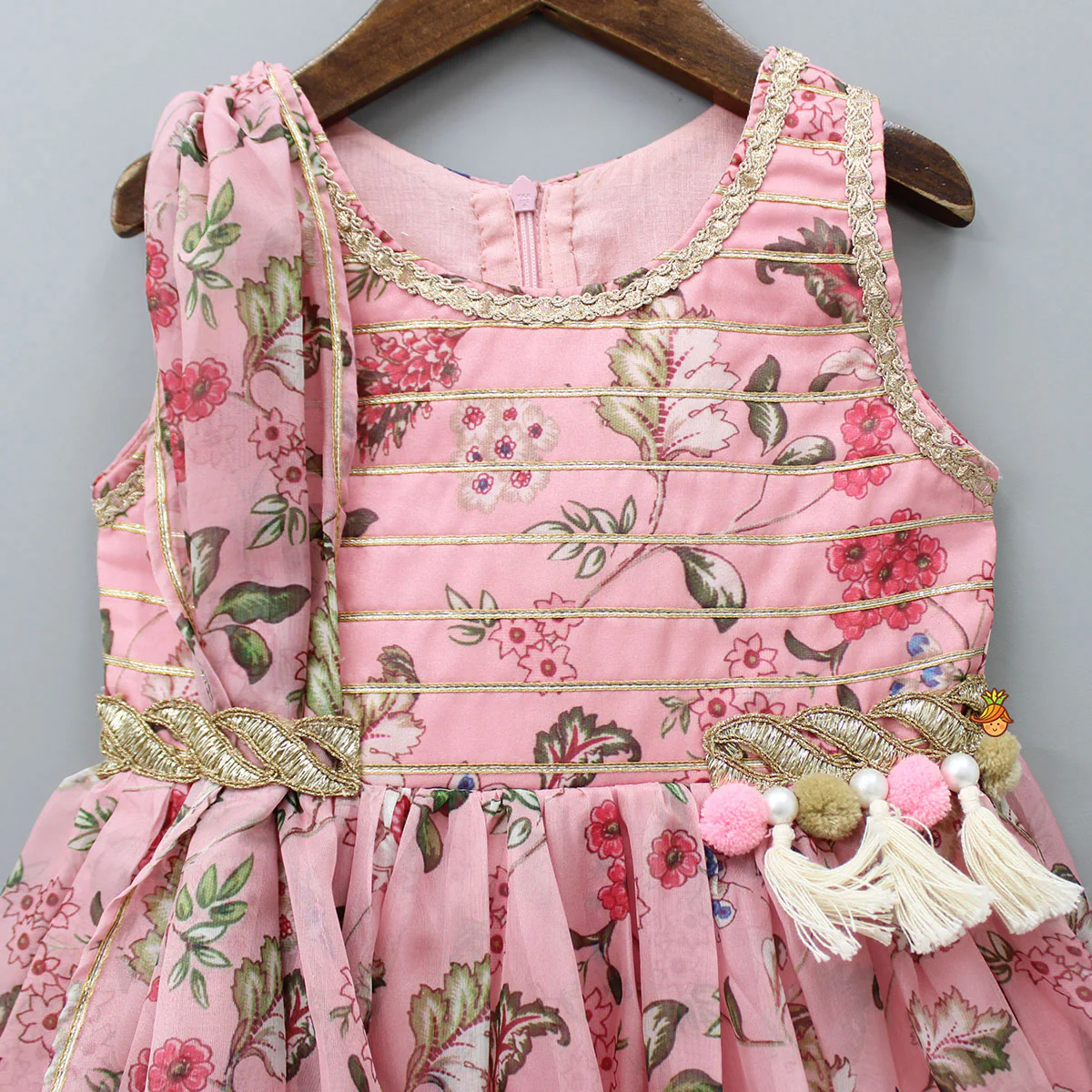 Floral Printed Peach Pink Pleated Anarkali With Attached Dupatta - Image 3