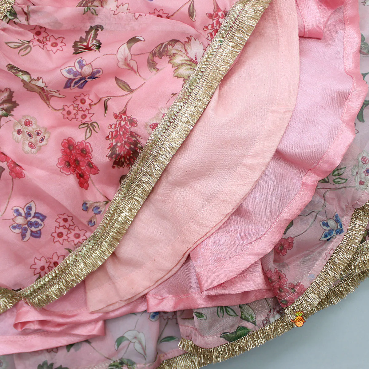 Floral Printed Peach Pink Pleated Anarkali With Attached Dupatta - Image 4