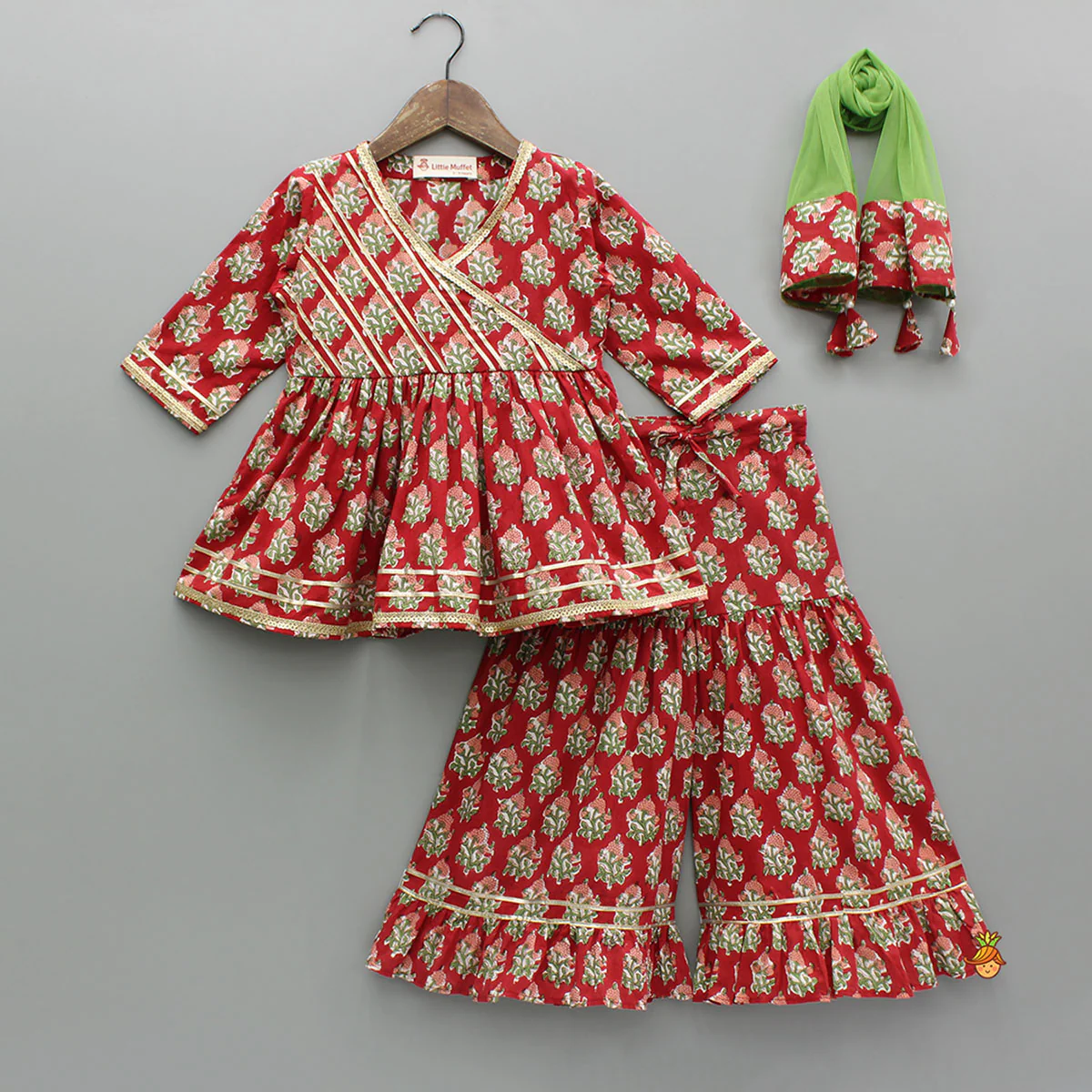 Floral Printed Red Kurti And Sharara With Green Net Dupatta