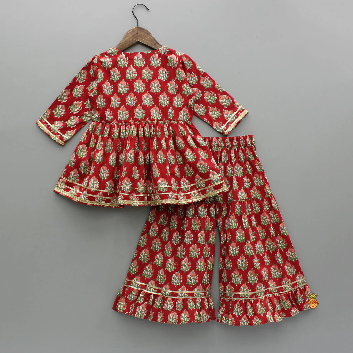 Floral Printed Red Kurti And Sharara With Green Net Dupatta - Image 2