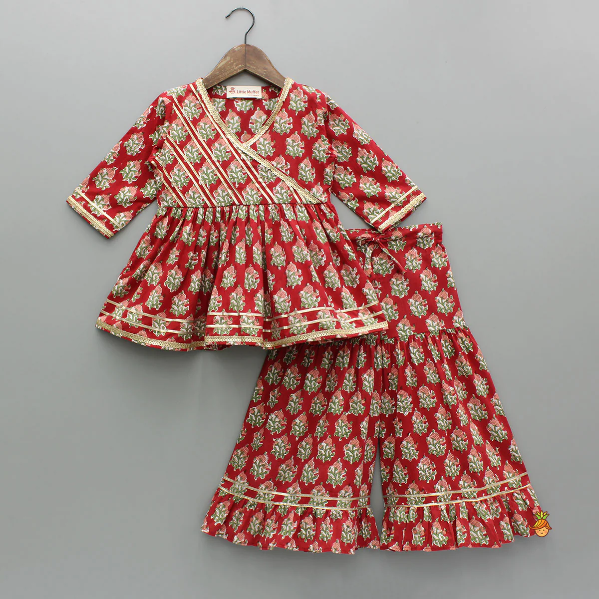 Floral Printed Red Kurti And Sharara With Green Net Dupatta - Image 3