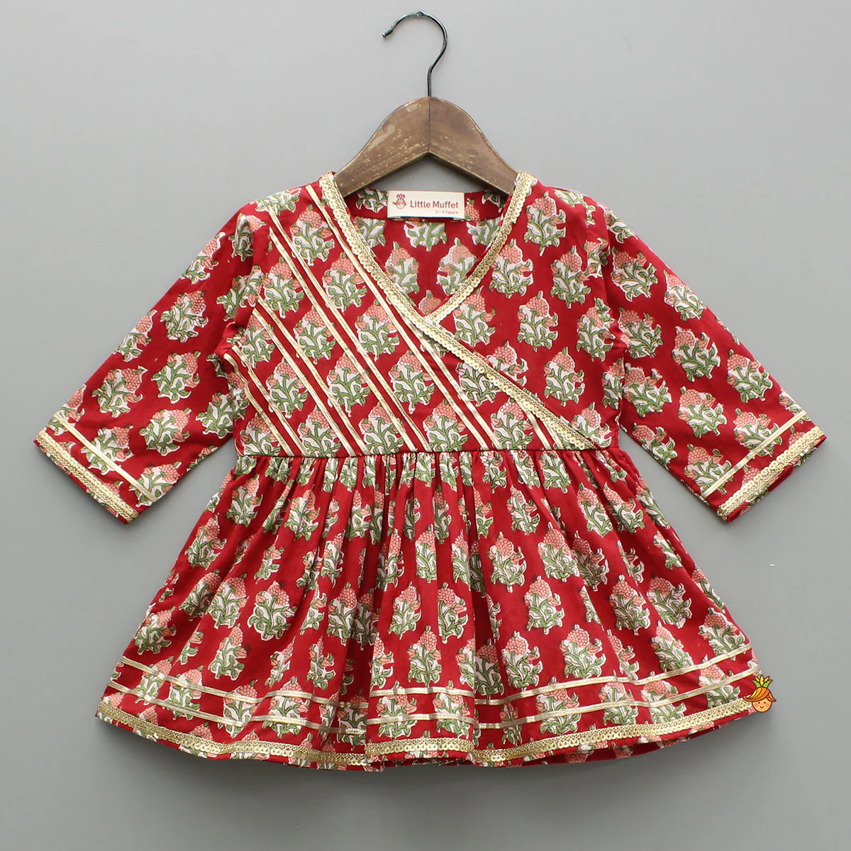 Floral Printed Red Kurti And Sharara With Green Net Dupatta - Image 4