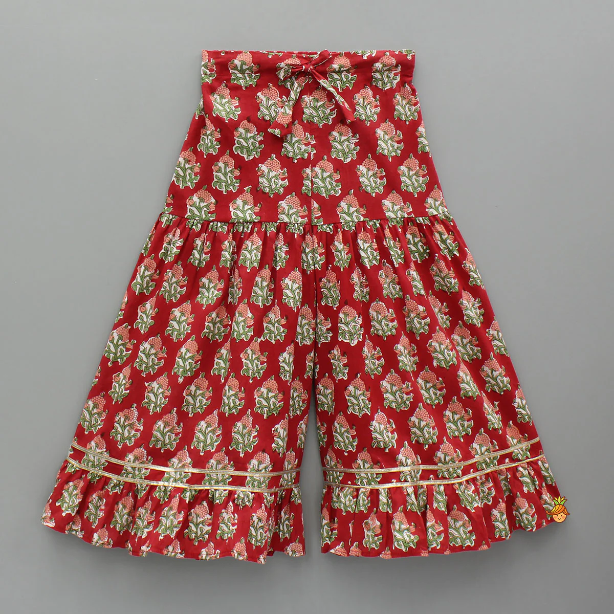 Floral Printed Red Kurti And Sharara With Green Net Dupatta - Image 5