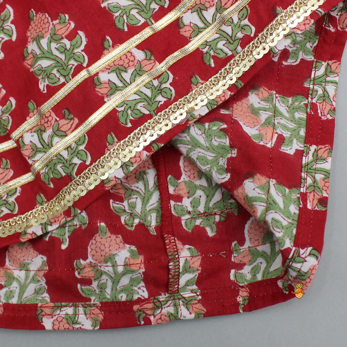 Floral Printed Red Kurti And Sharara With Green Net Dupatta - Image 6