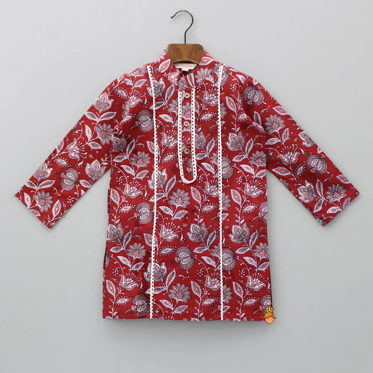 Floral Printed Red Lace Work Kurta And Pyjama - Image 3