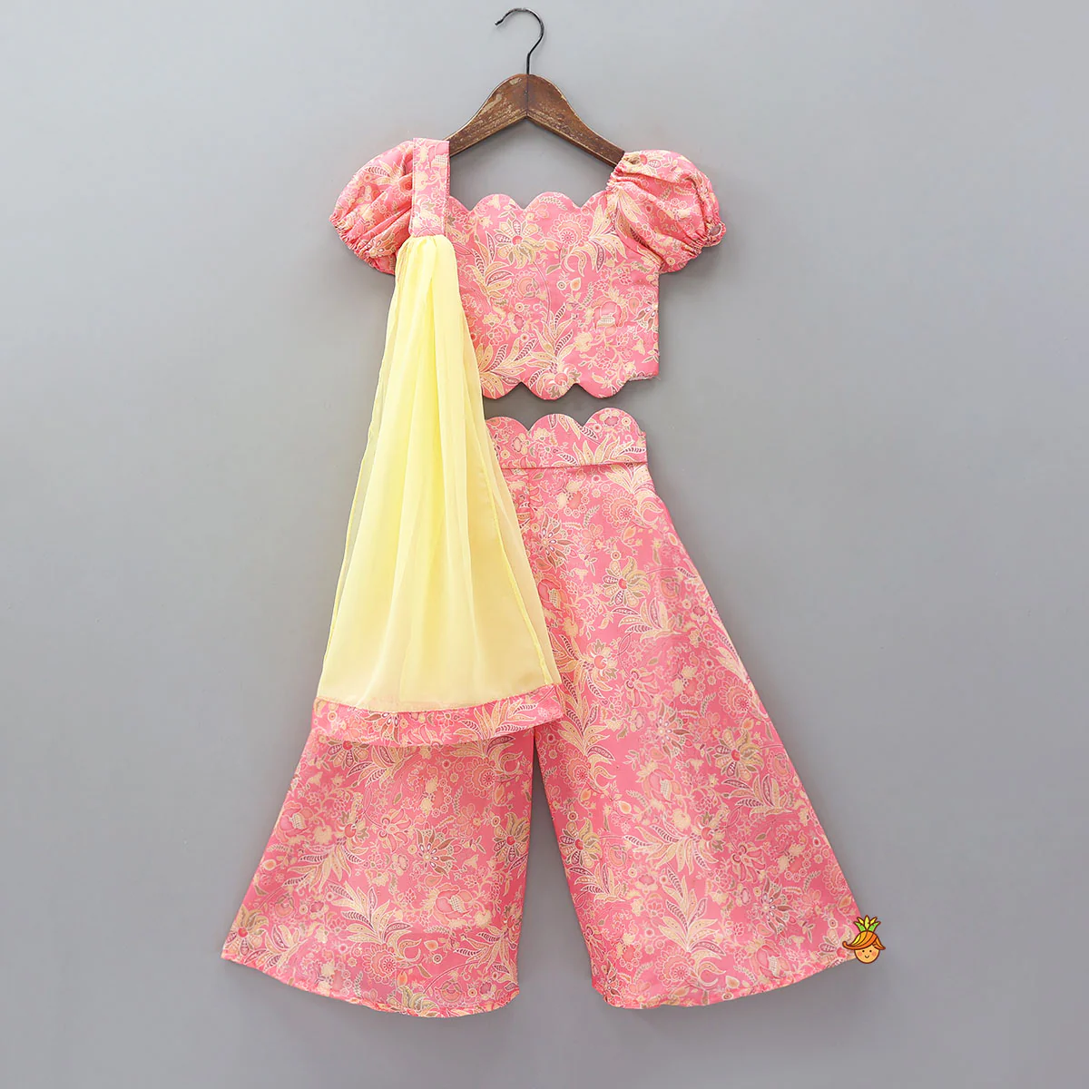 Floral Printed Scalloped Crop Top And Flared Palazzo With Contrasting Dupatta