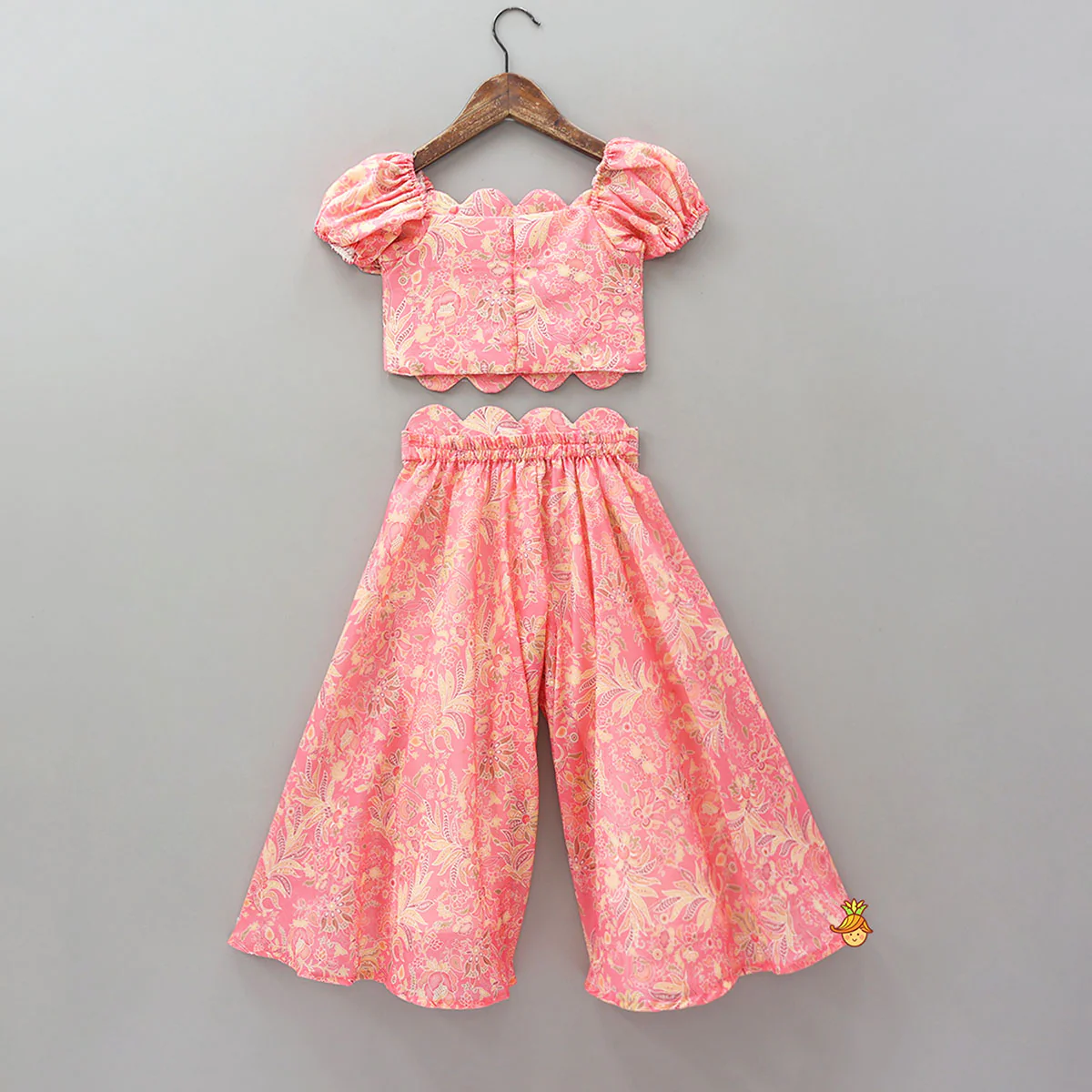 Floral Printed Scalloped Crop Top And Flared Palazzo With Contrasting Dupatta - Image 2