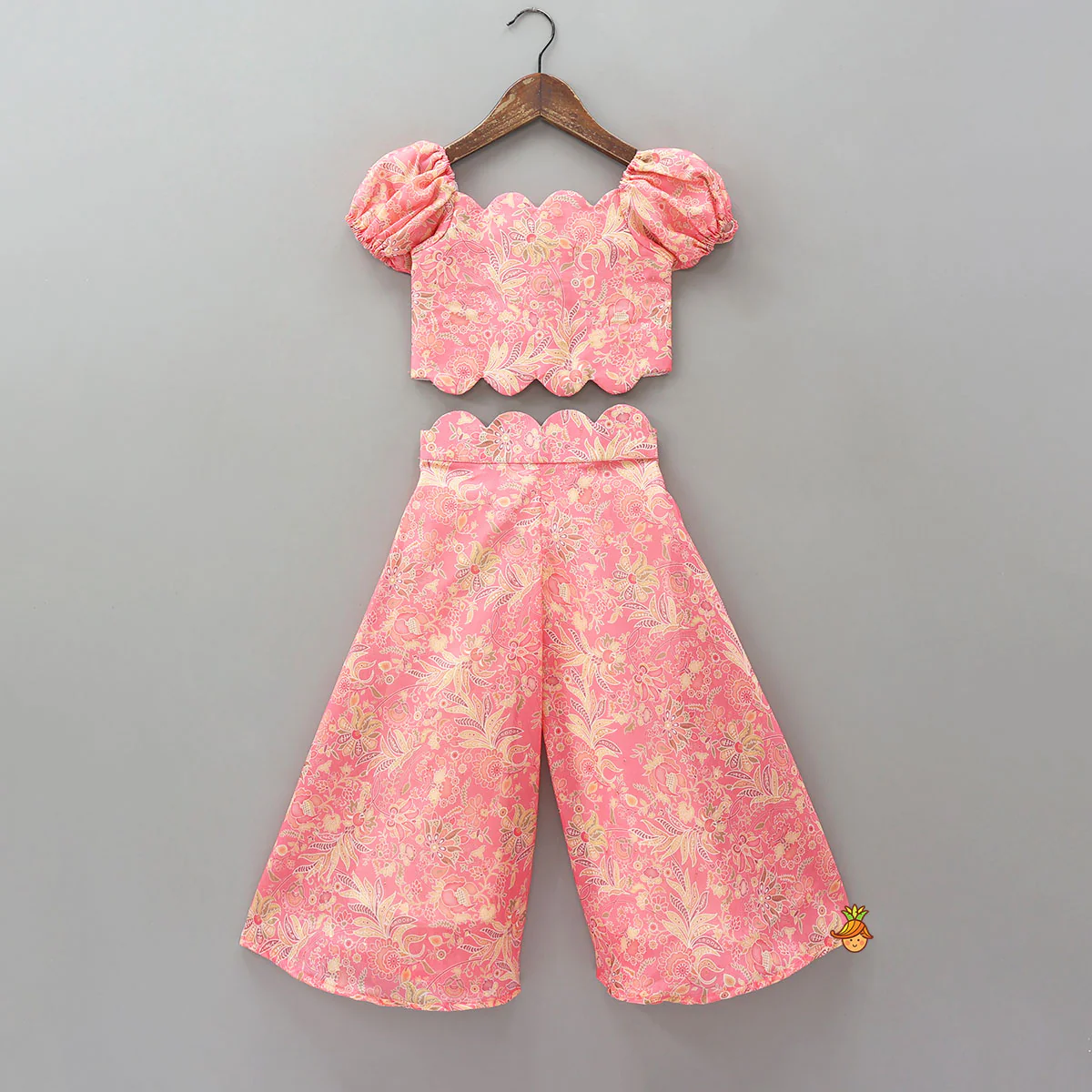 Floral Printed Scalloped Crop Top And Flared Palazzo With Contrasting Dupatta - Image 3