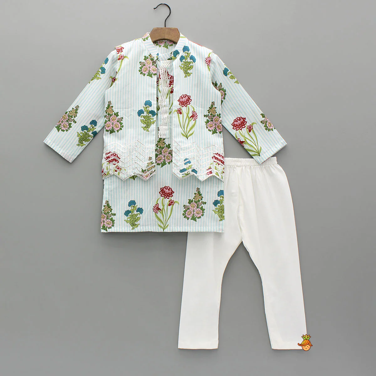 Floral Printed Striped Kurta With Front Open Floral Jacket And Pyjama