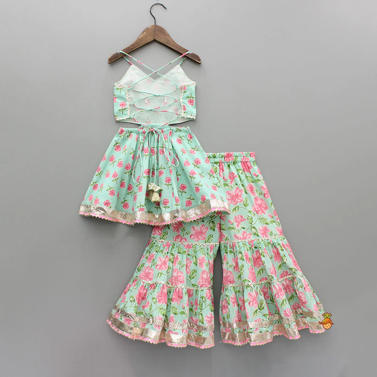 Floral Printed Stylish Backless Kurti With Sharara And Dupatta - Image 2
