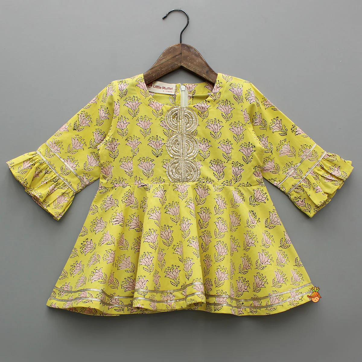 Floral Printed Yellow Kurti And Sharara With Pink Net Dupatta - Image 4