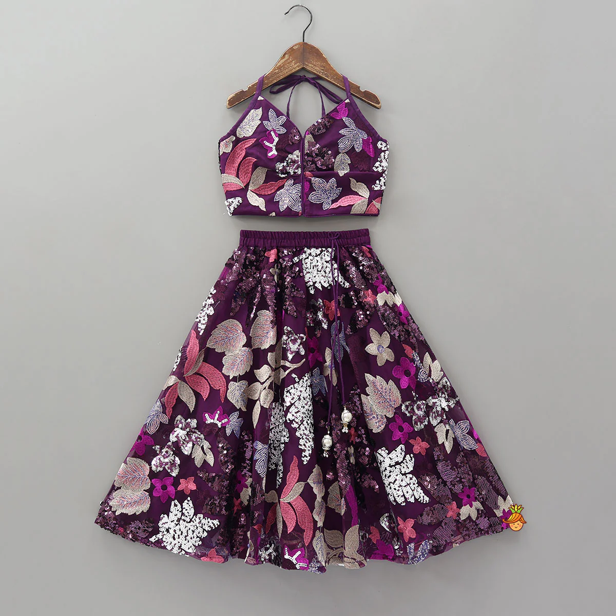 Floral Sequins Embroidered Halter Crop Top And Flared Lehenga With Dupatta - Image 3