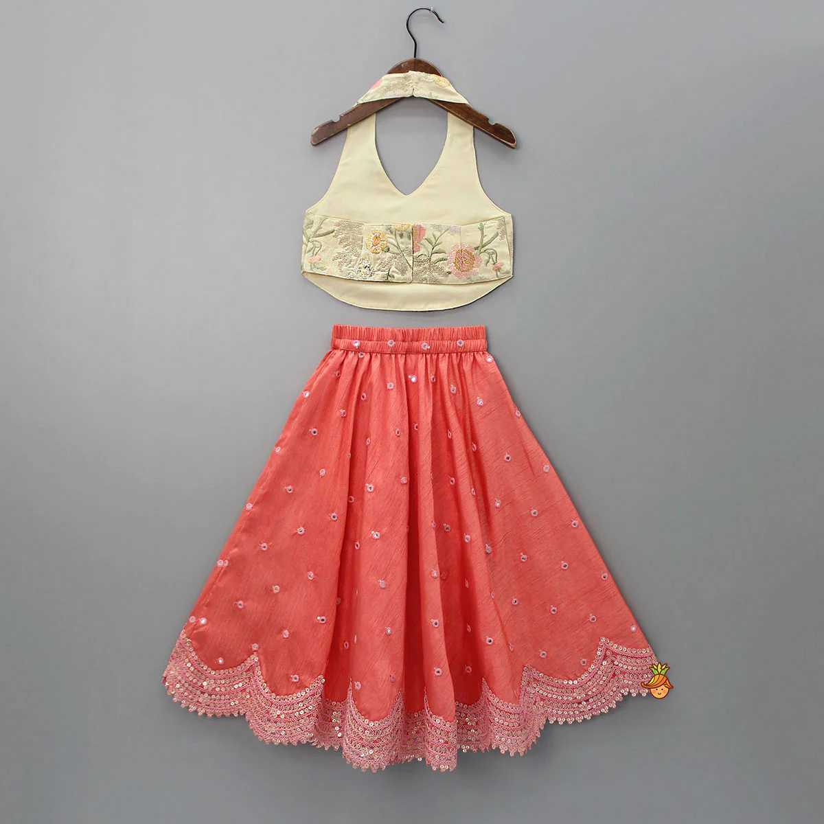 Floral Thread Embroidered Halter Neck Top And Peach Lehenga - Image 2