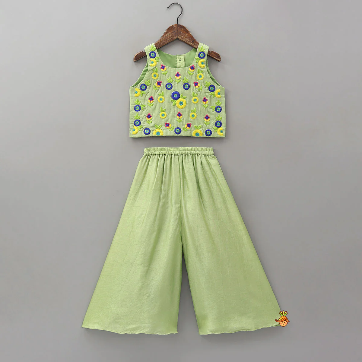 Floral Thread Embroidered Sleeveless Crop Top And Flared Palazzo