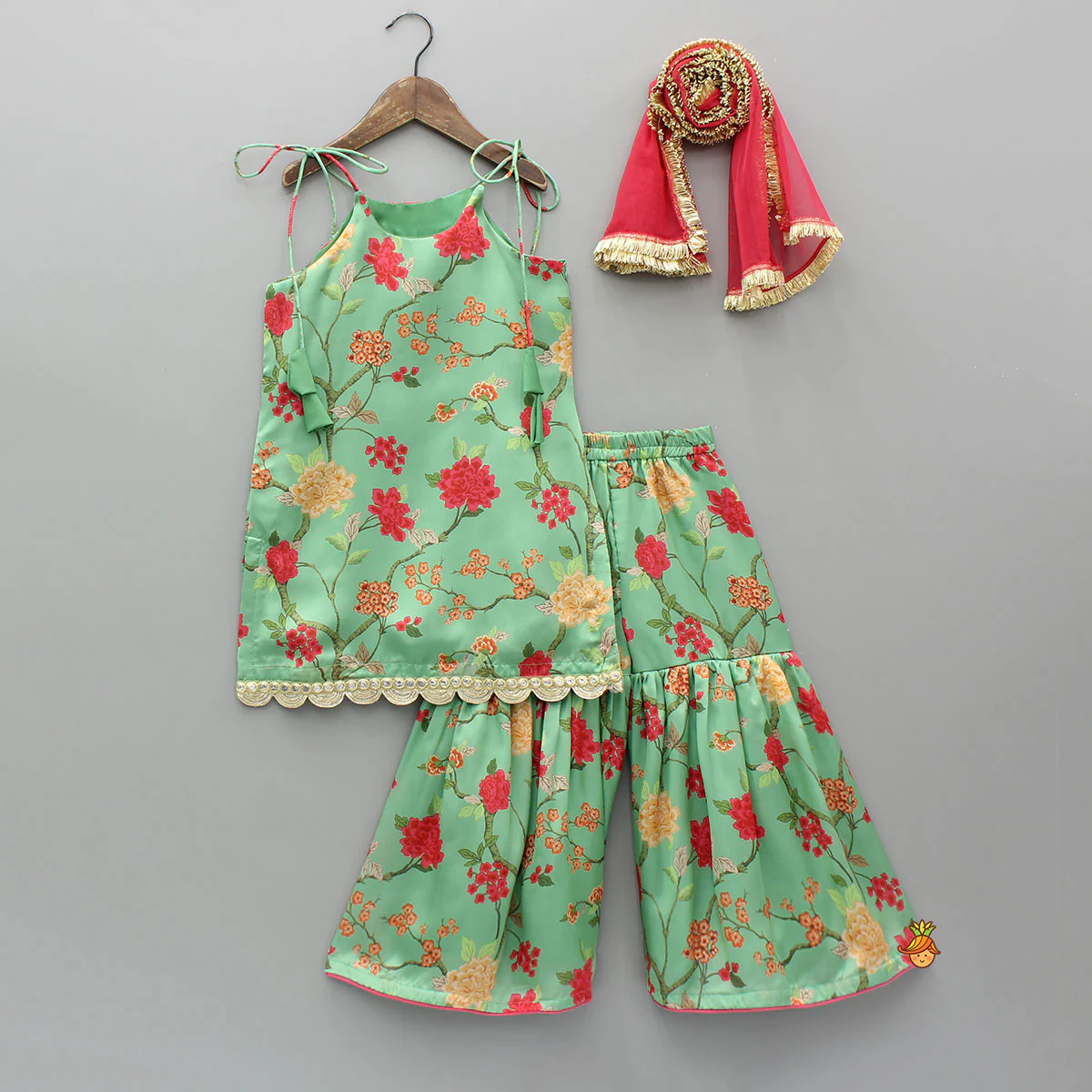 Floral Tie Up Kurti With Matching Sharara And Dupatta