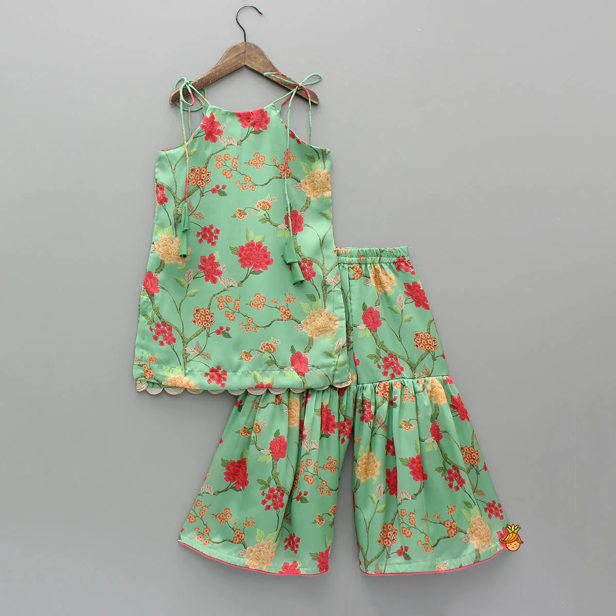 Floral Tie Up Kurti With Matching Sharara And Dupatta - Image 2