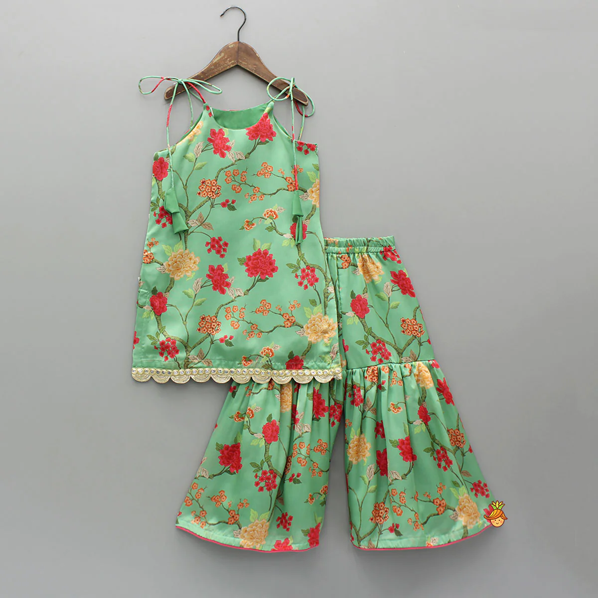 Floral Tie Up Kurti With Matching Sharara And Dupatta - Image 3